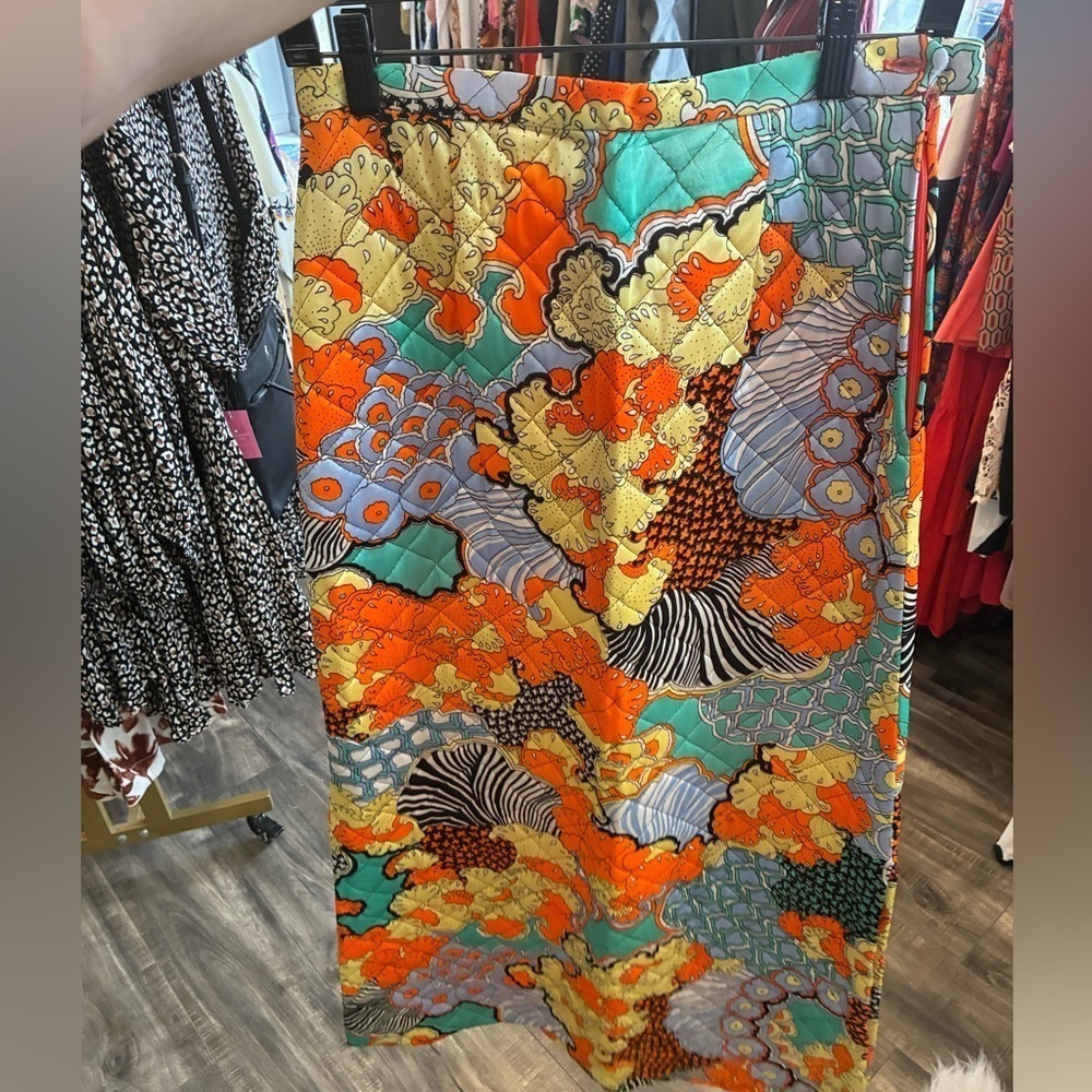 Vintage puff print skirt with teal orange and yellow S